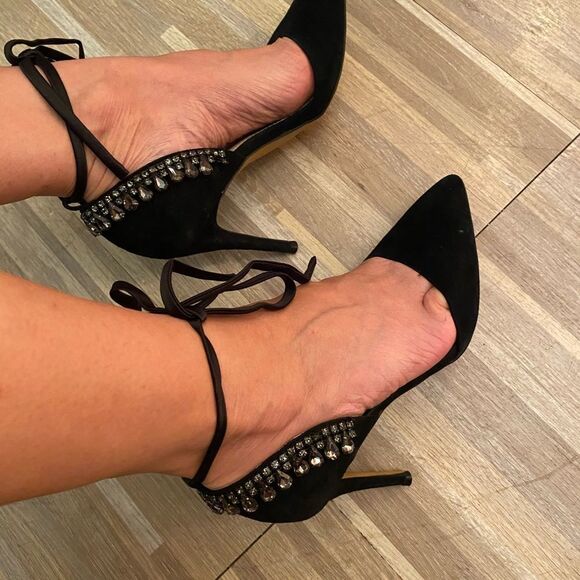 French Connection black suede heels with crystal embellishments, size 6 - Picture 1 of 13